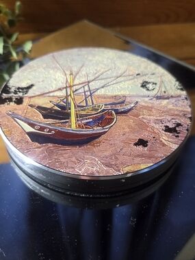 Rotating Display Stand: Coastal Boats Art Turntable Jewelry / Photo Spinner